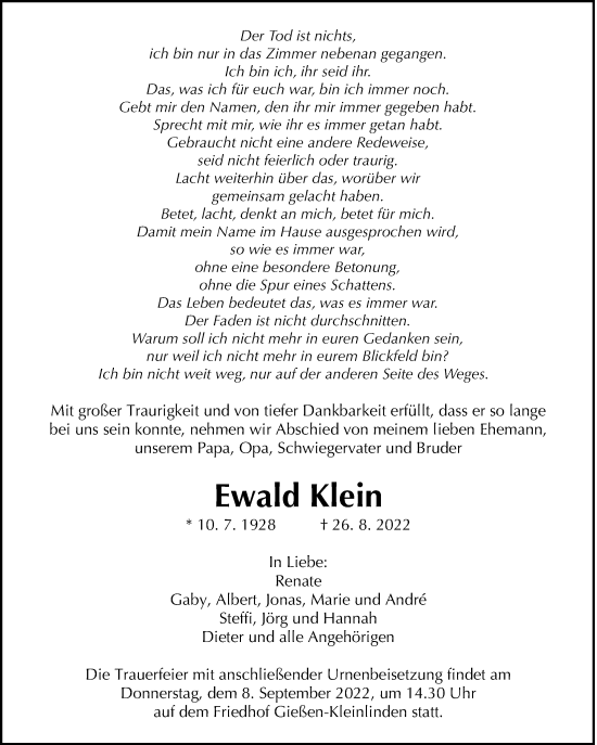 Traueranzeige von Ewald Klein von Giessener Anzeiger, Giessener Allgemeine, Alsfelder Allgemeine