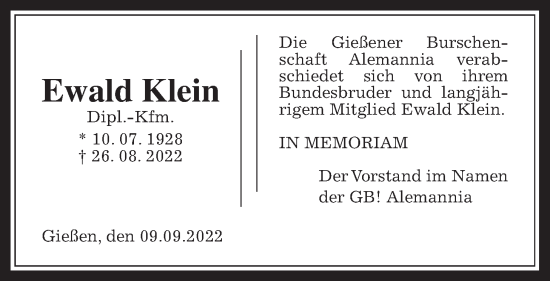 Traueranzeige von Ewald Klein von Giessener Allgemeine, Alsfelder Allgemeine