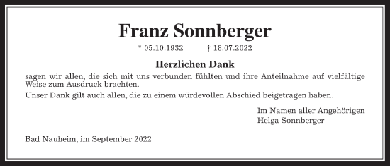 Traueranzeige von Franz Sonnberger von Wetterauer Zeitung