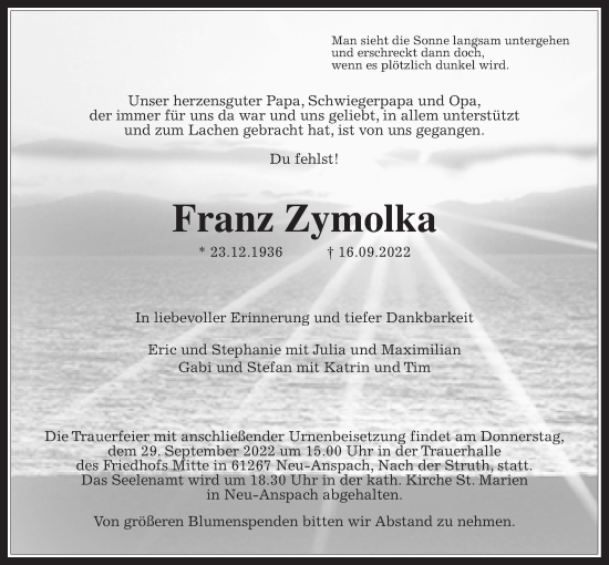 Traueranzeige von Franz Zymolka von Usinger Anzeiger