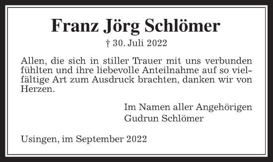 Traueranzeige von Franz Jörg Schlömer von Usinger Anzeiger