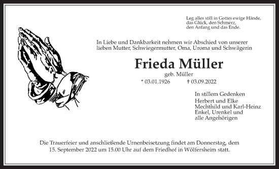 Traueranzeige von Frieda Müller von Wetterauer Zeitung