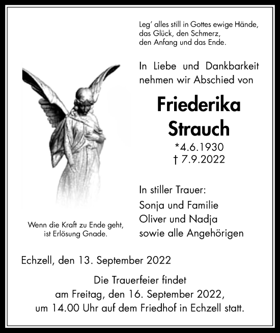 Traueranzeige von Friederika Strauch von Wetterauer Zeitung
