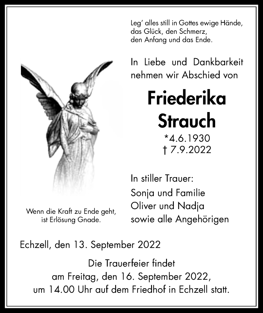  Traueranzeige für Friederika Strauch vom 13.09.2022 aus Wetterauer Zeitung