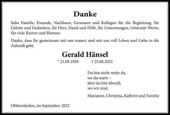 Traueranzeige von Gerald Hänsel von Licher Wochenblatt