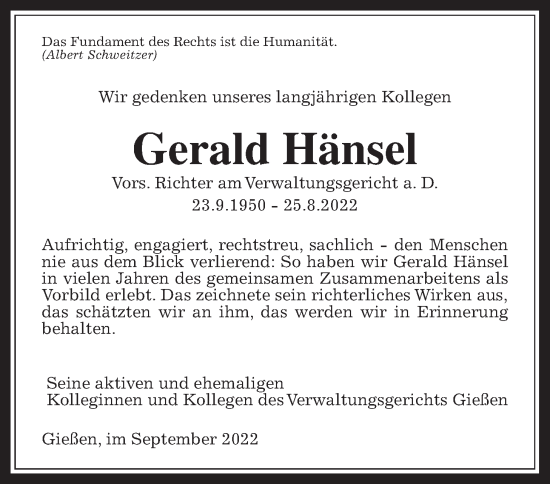 Traueranzeige von Gerald Hänsel von Giessener Anzeiger, Giessener Allgemeine, Alsfelder Allgemeine