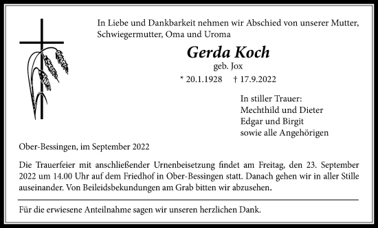 Traueranzeige von Gerda Koch von Licher Wochenblatt