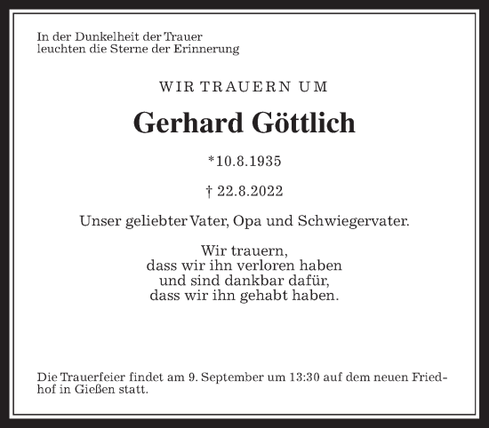Traueranzeige von Gerhard Göttlich von Wetterauer Zeitung, Giessener Allgemeine, Alsfelder Allgemeine