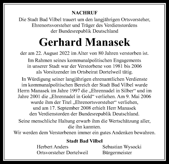Traueranzeige von Gerhard Manasek von Bad Vilbel/Karben