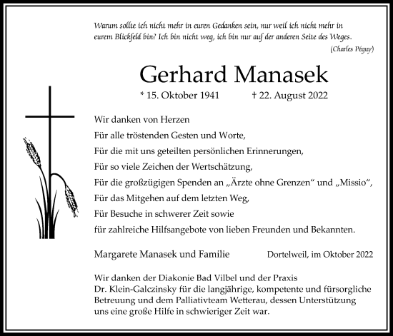 Traueranzeige von Gerhard Manasek von Bad Vilbel/Karben