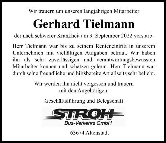 Traueranzeige von Gerhard Tielmann von Kreis-Anzeiger
