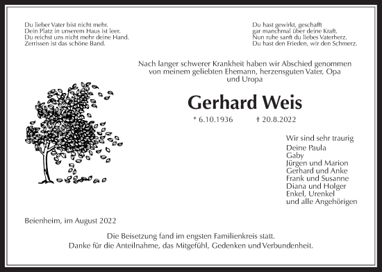 Traueranzeige von Gerhard Weis von Wetterauer Zeitung