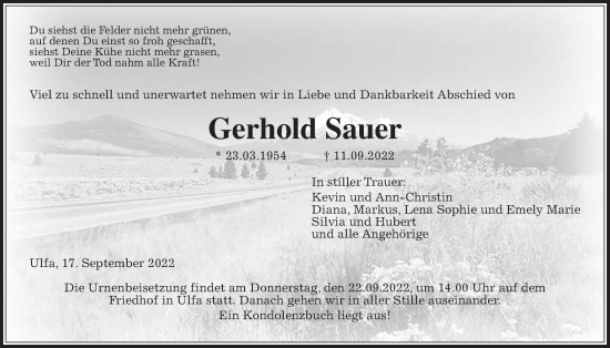 Traueranzeige von Gerhold Sauer von Kreis-Anzeiger