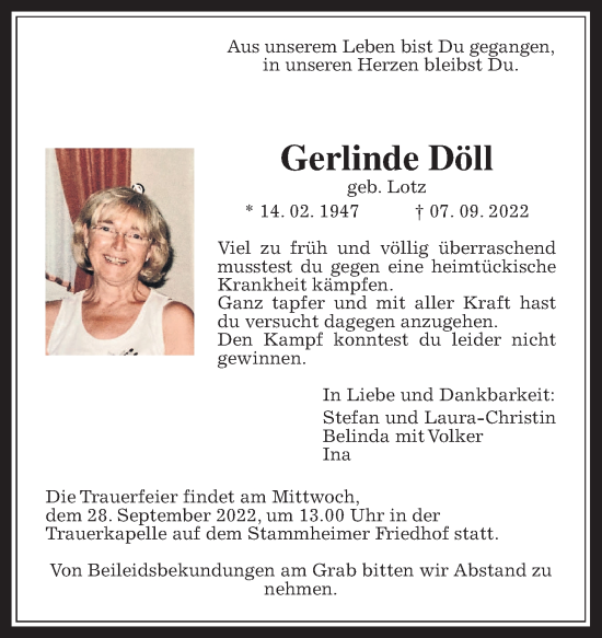Traueranzeige von Gerlinde Döll von Wetterauer Zeitung