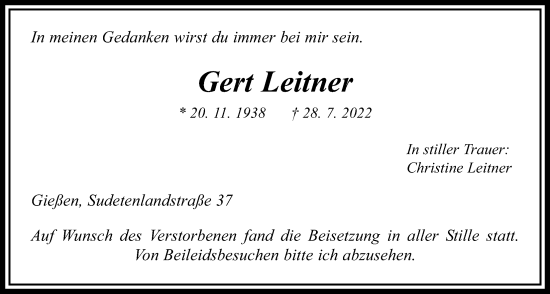 Traueranzeige von Gert Leitner von Giessener Allgemeine, Alsfelder Allgemeine
