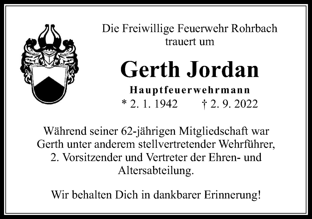  Traueranzeige für Gerth Jordan vom 22.09.2022 aus Kreis-Anzeiger