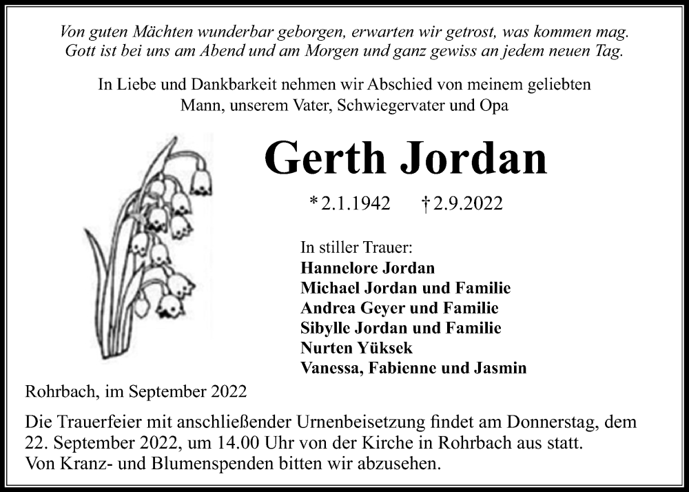  Traueranzeige für Gerth Jordan vom 17.09.2022 aus Kreis-Anzeiger