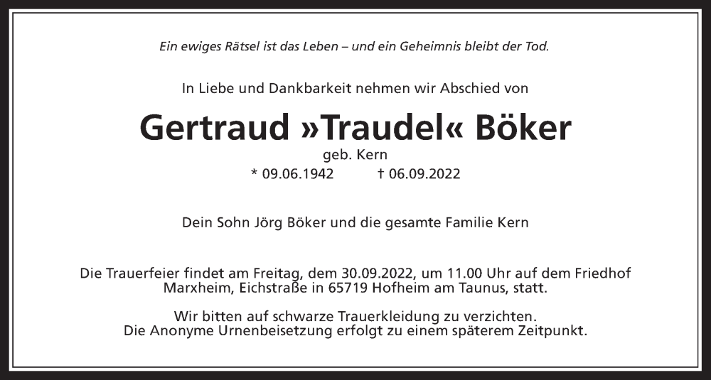  Traueranzeige für Gertraud Böker vom 23.09.2022 aus 