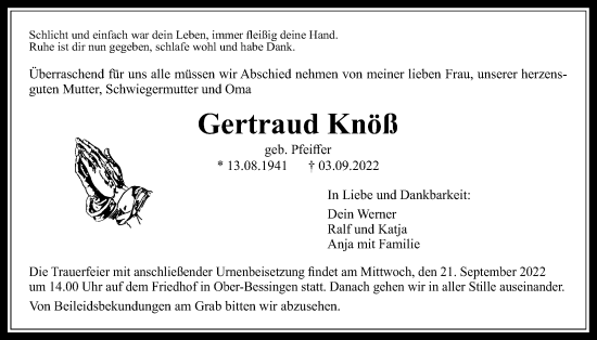 Traueranzeige von Gertraud Knöß von Giessener Allgemeine, Alsfelder Allgemeine