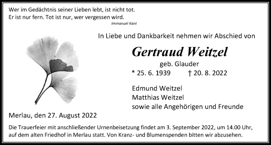 Traueranzeige von Gertraud Weitzel von Giessener Allgemeine, Alsfelder Allgemeine, Mücker Stimme