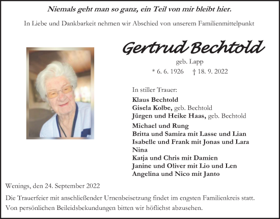 Traueranzeige von Gertrud Bechtold von Kreis-Anzeiger