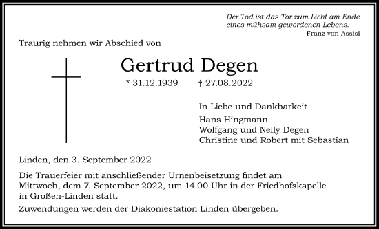 Traueranzeige von Gertrud Degen von Giessener Anzeiger, Giessener Allgemeine, Alsfelder Allgemeine