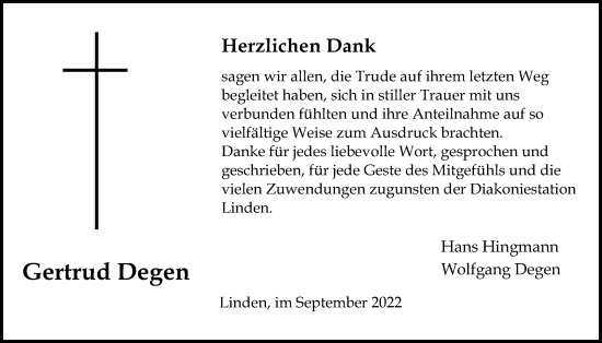 Traueranzeige von Gertrud Degen von Giessener Allgemeine, Alsfelder Allgemeine, Giessener Anzeiger