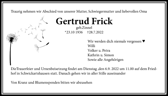 Traueranzeige von Gertrud Frick von Kreis-Anzeiger
