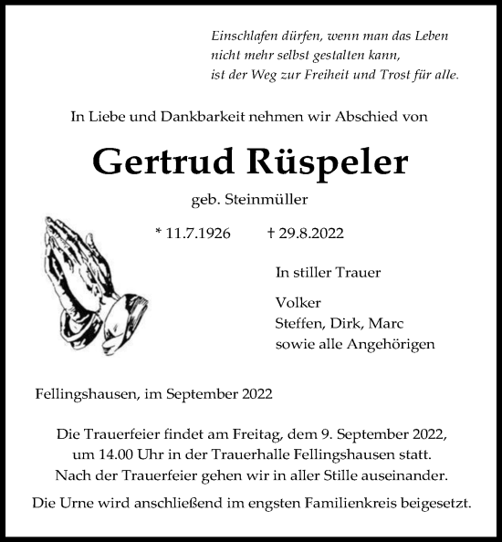 Traueranzeige von Gertrud Rüspeler von Giessener Allgemeine, Alsfelder Allgemeine