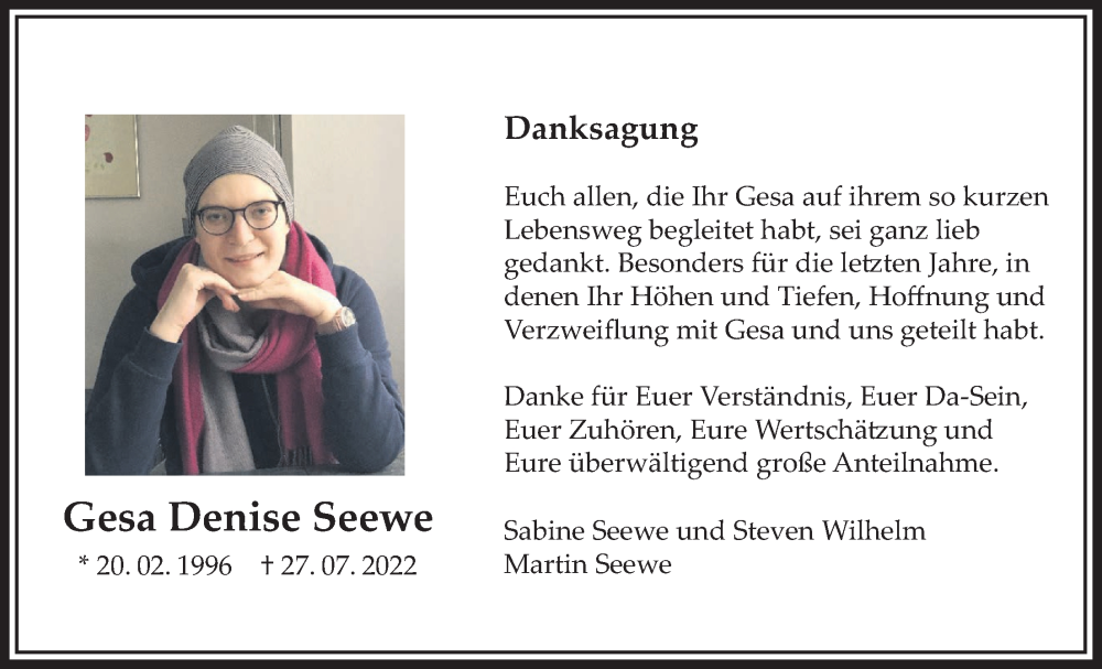  Traueranzeige für Gesa Denise Seewe vom 08.09.2022 aus Bad Vilbel/Karben