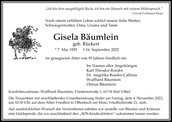 Traueranzeige von Gisela Bäumlein von Bad Vilbel/Karben