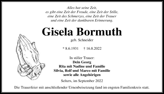 Traueranzeige von Gisela Bormuth von Kreis-Anzeiger