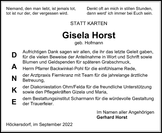 Traueranzeige von Gisela Horst von Mücker Stimme, Alsfelder Allgemeine