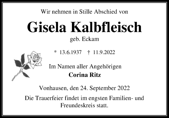 Traueranzeige von Gisela Kalbfleisch von Kreis-Anzeiger