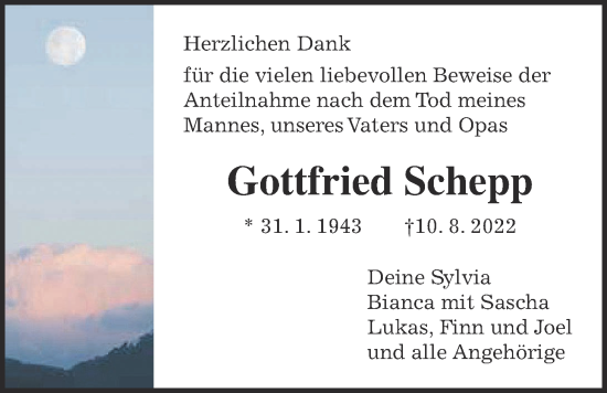 Traueranzeige von Gottfried Schepp von Giessener Allgemeine, Alsfelder Allgemeine