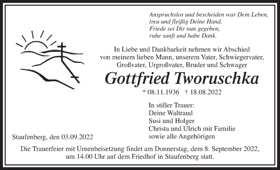 Traueranzeige von Gottfried Tworuschka von Giessener Allgemeine, Alsfelder Allgemeine