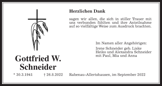 Traueranzeige von Gottfried W. Schneider von Giessener Allgemeine, Alsfelder Allgemeine, Giessener Anzeiger