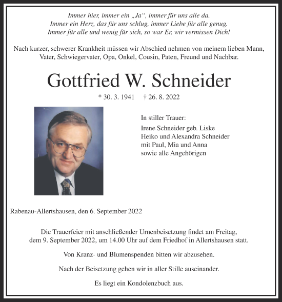 Traueranzeige von Gottfried W. Schneider von Giessener Anzeiger, Giessener Allgemeine, Alsfelder Allgemeine