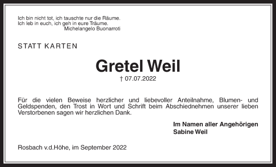 Traueranzeige von Gretel Weil von Wetterauer Zeitung