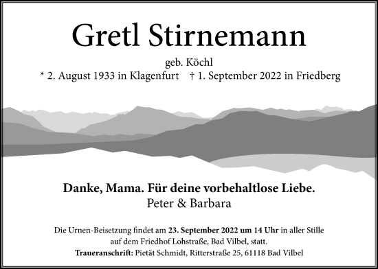 Traueranzeige von Gretl Stirnemann von Bad Vilbel/Karben