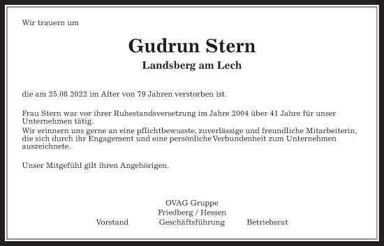 Traueranzeige von Gudrun Stern von Wetterauer Zeitung