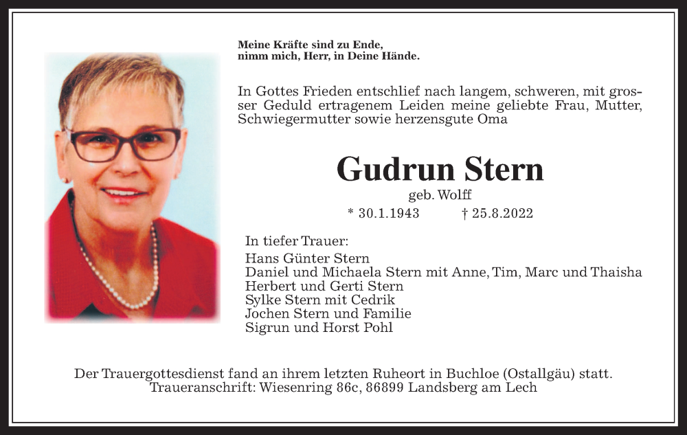  Traueranzeige für Gudrun Stern vom 03.09.2022 aus Wetterauer Zeitung