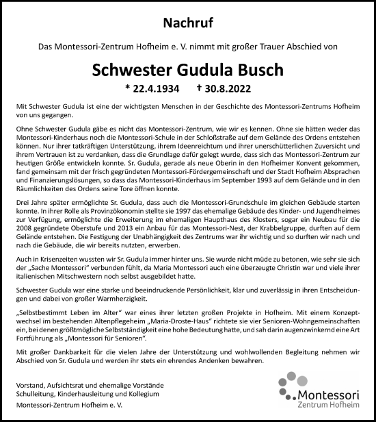 Traueranzeige von Gudula Busch 