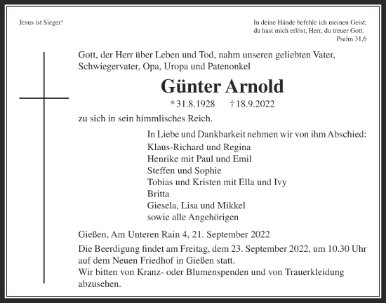 Traueranzeige von Günter Arnold von Giessener Allgemeine, Alsfelder Allgemeine, Giessener Anzeiger