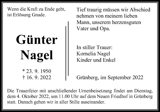 Traueranzeige von Günter Nagel von Giessener Allgemeine, Alsfelder Allgemeine