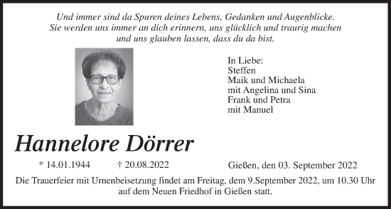 Traueranzeige von Hannelore Dörrer von Giessener Anzeiger, Giessener Allgemeine, Alsfelder Allgemeine