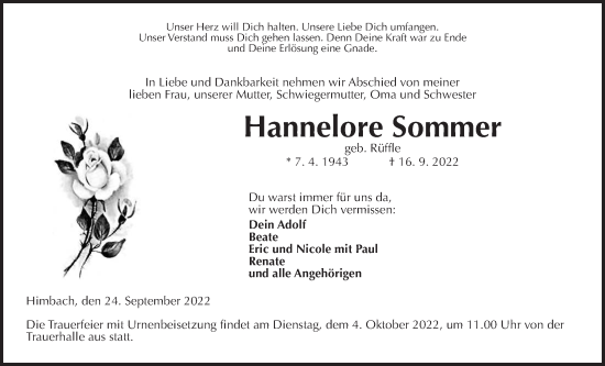 Traueranzeige von Hannelore Sommer von Kreis-Anzeiger