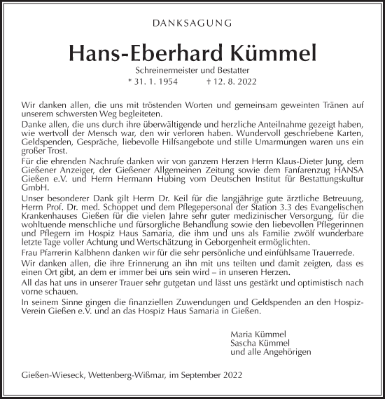 Traueranzeige von Hans-Eberhard Kümmel von Giessener Allgemeine, Alsfelder Allgemeine, Giessener Anzeiger