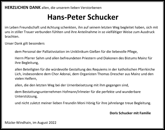 Traueranzeige von Hans-Peter  Schucker von Mücker Stimme