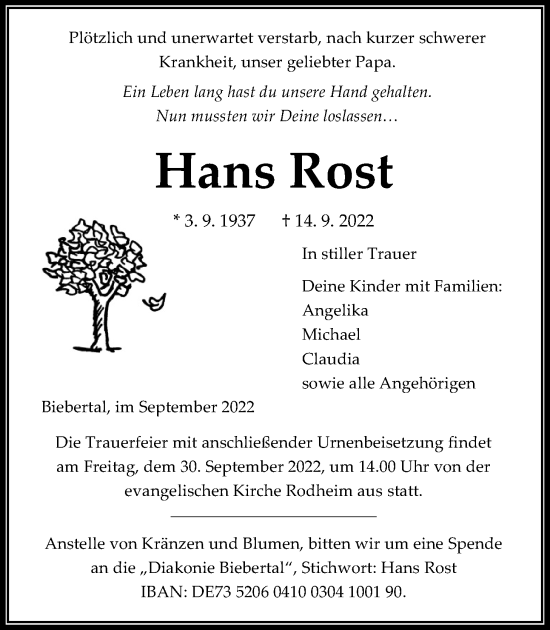 Traueranzeige von Hans Rost von Giessener Anzeiger